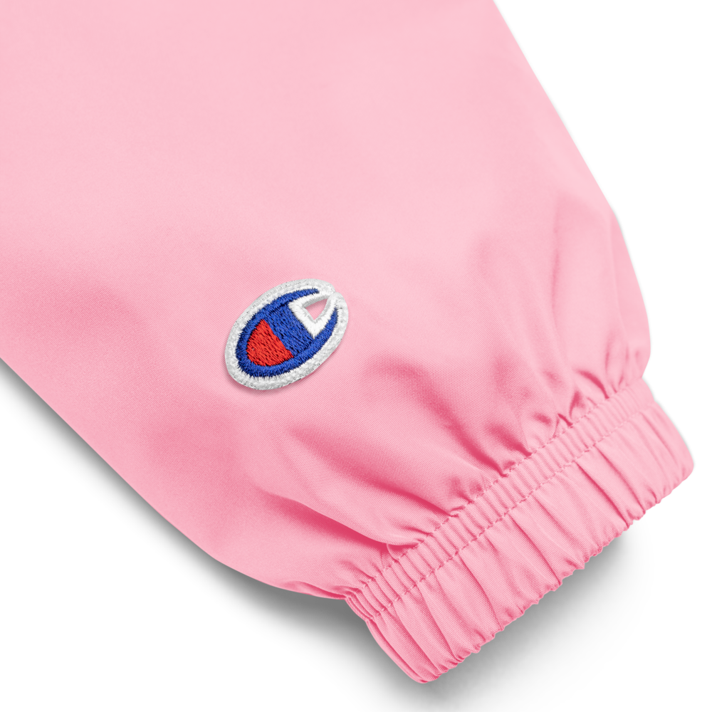 CHAMPION + ROYAL ICONIC. | Embroidered Logo Unisex Hooded Packable Windbreaker Coaches Jacket Candy Pink w/ Flamingo Logo
